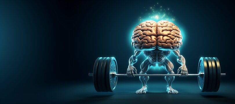 A creative depiction of a brain with a muscular body lifting heavyweights, representing the power of intelligence and mental strength combined with physical endurance. Mental health, web banner.