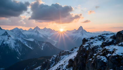 Wildlife at Dusk, majestic mountain landscape at dusk with a sunset radiating through peaks and snowy terrain

