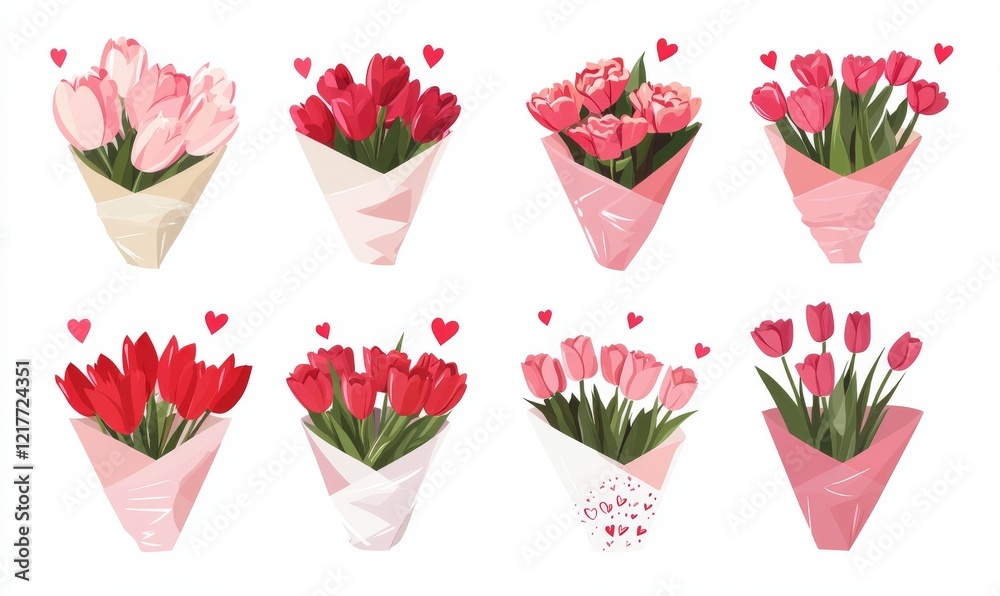 Sticker Flower bouquets: a garden flower bouquet, a tulip bouquet, a rose bouquet. A modern floral decoration set. Perfect for March 8th, Mother's Day, invitations, and greeting cards