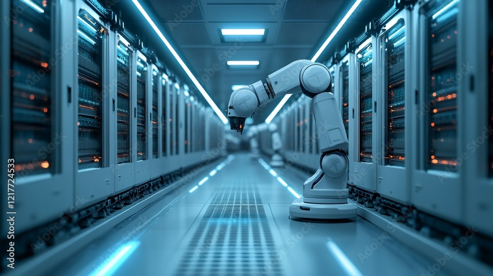 Leinwandbilder robotic arm maintaining server racks in modern data center