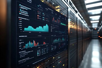 Server racks showing graphs and statistics on screen in data center