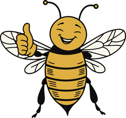 illustration of a bee in a vintage line art style straight pose, giving a thumbs up.eps