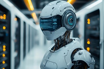 Humanoid robot with futuristic visor analyzing big data inside server room