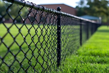Fototapeta premium Black chain link fence separating green lawn from school building