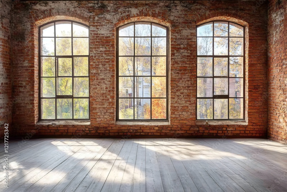 Poster sunlight illuminating empty room with large windows and brick walls