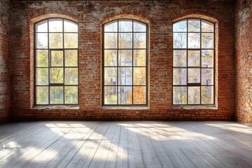 Fototapeta premium Sunlight illuminating empty room with large windows and brick walls
