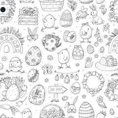 Easter monochrome seamless pattern with cute doodles for nursery prints, kids activities, coloring pages, wallpaper, wrapping paper, packaging, etc. EPS 10