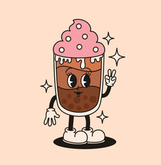 Groovy character drink bubble tea. Flat vector illustration.