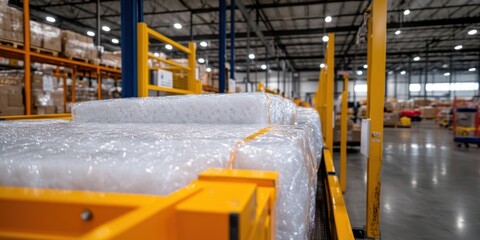 Large foam blocks on conveyor lines within a bustling industrial factory, showcasing a systematic production process.