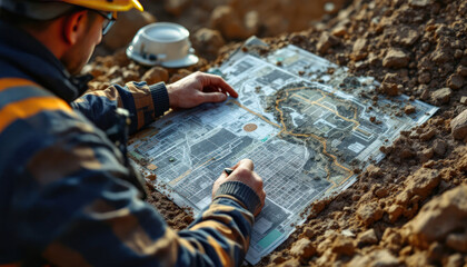 Construction Site Surveyor Examining Blueprint