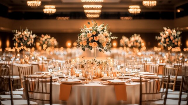 Elegant banquet setup featuring beautifully arranged tables with floral centerpieces and soft ambient lighting in a luxurious venue.
