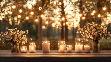 A serene outdoor setting with glowing candles and blooming flowers, illuminated by soft string lights in a warm, inviting atmosphere.