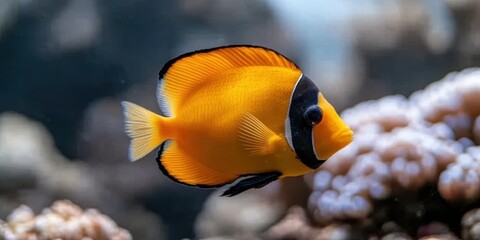 A vibrant clownfish swimming gracefully in an aquarium, surrounded by coral, with a blurred watery backdrop.