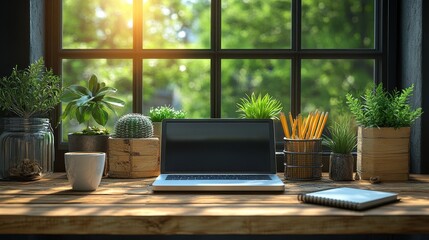 A cozy workspace with plants and a laptop by a sunlit window.