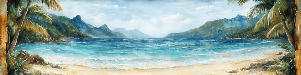 Serene Tropical Beach with Crystal Blue Water, Sandy Shoreline, Palm Trees, and Mountain Views in a Idyllic Paradise for Relaxation and Nature Lovers