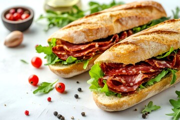 Two delicious sandwiches with italian salami, arugula and pesto on white table