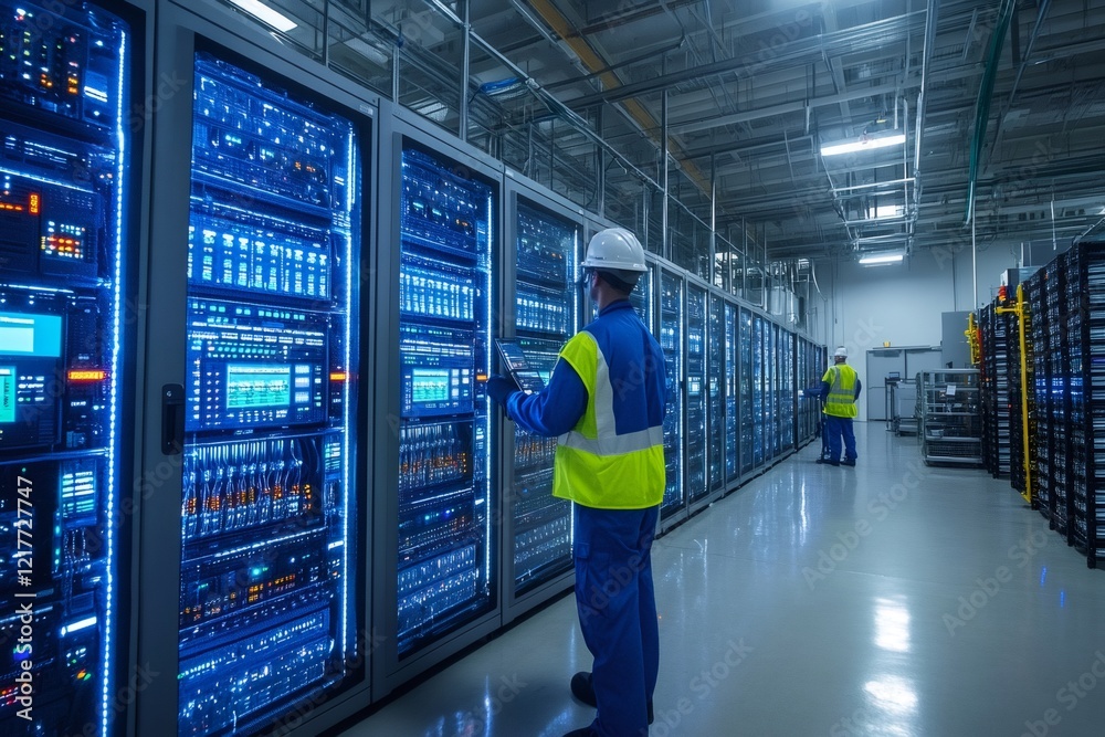Leinwandbilder engineers maintaining server racks in data center, examining hardware and network connections