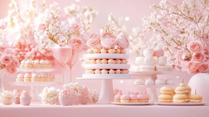 Elegant dessert display featuring pastel cakes, macarons, and floral arrangements in a dreamy, pink setting.