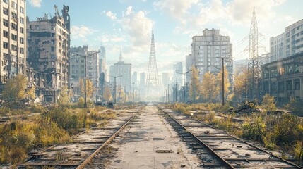 Fototapeta premium Abandoned cityscape with overgrown vegetation, crumbling buildings, and a clear sky, evoking a sense of desolation and nature reclaiming the area.