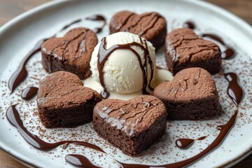 Fototapeta premium Heart shaped brownies surrounding vanilla ice cream drizzled with chocolate sauce on white plate