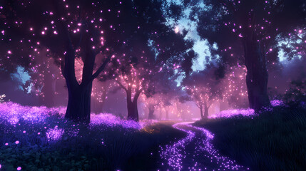 A bioluminescent forest with towering trees, glowing trails, and shimmering creatures at dusk. Shimmering Forest. Illustration