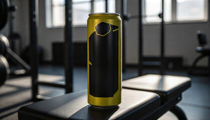 Energy drink can on gym bench, can mockup with design