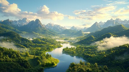 Lush green mountains surround a serene river, illuminated by soft sunlight under a clear blue sky, creating a picturesque natural landscape.