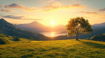 A serene landscape featuring a lone tree against a vibrant sunset over mountains and a lake, embodying tranquility and natural beauty.