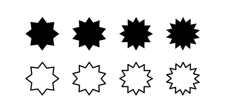 Black star and sun shape collection. Set of price, voucher, discount, sale sticker or tag.  Can be used in market place, online shop, or web shop. Flat design isolated on white background.