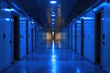 Naklejka premium Server Room Corridor with Blue Lights Reflecting on Floor