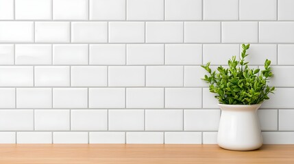 A potted green plant sits on a wooden countertop against a clean white tiled wall, adding a touch of freshness to the kitchen space.