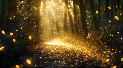 Naklejka premium Capture an enchanting scene of a shimmering gold dust trail disappearing into the depths of a mysterious, magical forest. magical forest whispers. illustration. Shimmering Forest. Illustration
