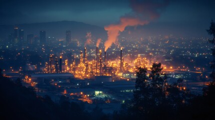 Oil refinery polluting the air in Santiago, Chile at dusk