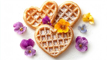 A close up of heart-shaped waffles fresh out of a waffle maker, styled with powdered sugar and edible flowers, isolated on white