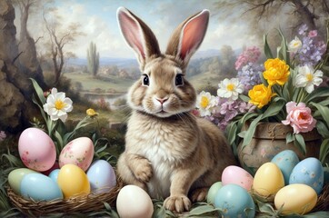 Vintage painting of a spring Easter pet rabbit with colorful eggs and flowers decoration, holiday seasonal, culture and religion theme concept texture design illustration.
