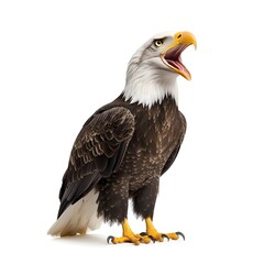 Obraz premium A majestic bald eagle stands with its beak open, showcasing its striking features and powerful presence.