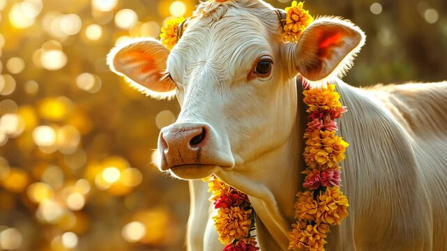 White cow adorned with yellow and orange marigold garlands, standing in soft sunlight with a glowing bokeh background. Indian culture and sacred animal concept. High quality 4k footage