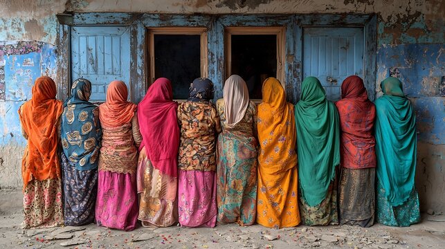 Rural polling booth in Pakistan with women in traditional shalwar kameez casting their votes for the first time symbolizing empowerment
