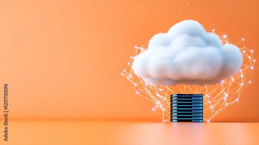 Poster cloud computing concept with servers and a cloud, featuring an orange background and glowing effects