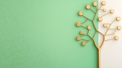 Fototapeta premium Golden tree design on a green and white background, conveying nature and creativity.