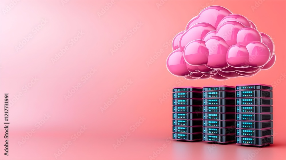 Poster cloud computing concept with a pink cloud above stacked servers on a soft gradient background.
