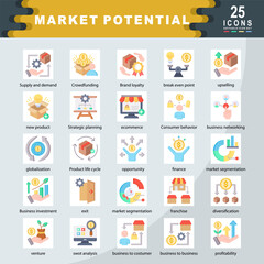 Market Potential icon set containing Supply and demand, Crowdfunding, upselling, new product, Strategic planning, ecommerce, Consumer behavior, business networking icon. Simple flat vector