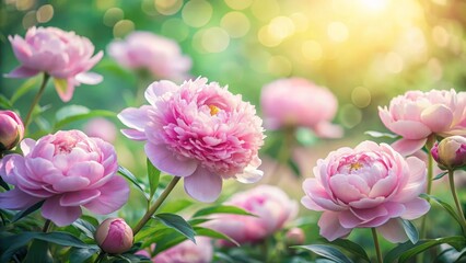 Naklejka premium A dreamy shot of blooming peonies with soft pink petals and lush green foliage, set against a serene pastel backdrop that enhances the delicate beauty of the flowers