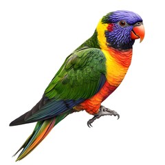 Fototapeta premium Colorful parrot perched, showcasing vibrant feathers in green, yellow, blue, and orange hues against a white background.