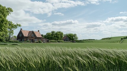 Obraz premium Rural Cottage, Green Field, Sunny Day, Rolling Hills, Farmhouse