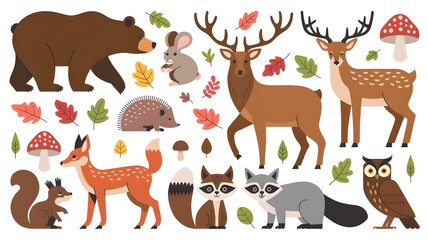 Obraz premium A colorful vector illustration of forest animals surrounded by vibrant autumn leaves and foliage