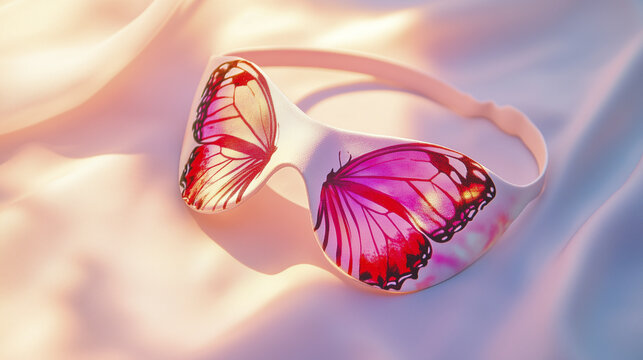 Pink butterfly mask. Mask, butterfly, wings, night glare, lights, bright, background. A bright glare of lights on the background. A butterfly with a mask and lights lifestyle glares at background.