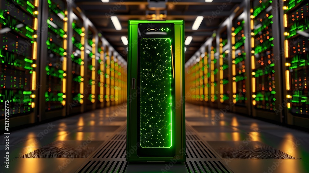 Poster high-tech server room featuring a glowing green server amidst rows of illuminated hardware in a mode