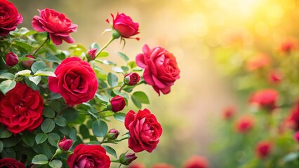A stunning display of large red roses with lush green leaves, set against a soft pastel cream-colored backdrop, highlighting the vibrant blooms with a touch of elegance