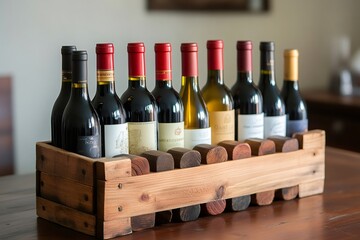 Wine bottles resting in a wooden box on a table